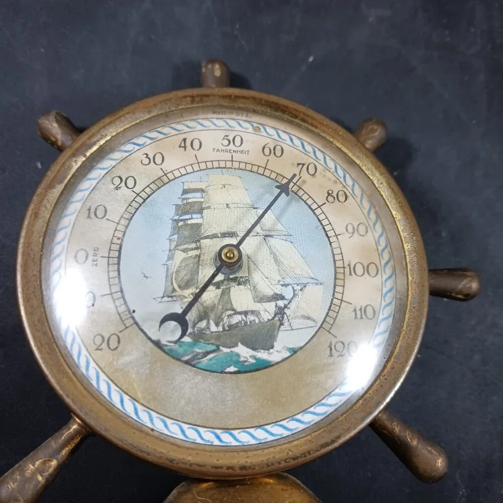Vintage 50's Brass Ship Wheel Thermometer Williams Insulation Co - Picture 2 of 11